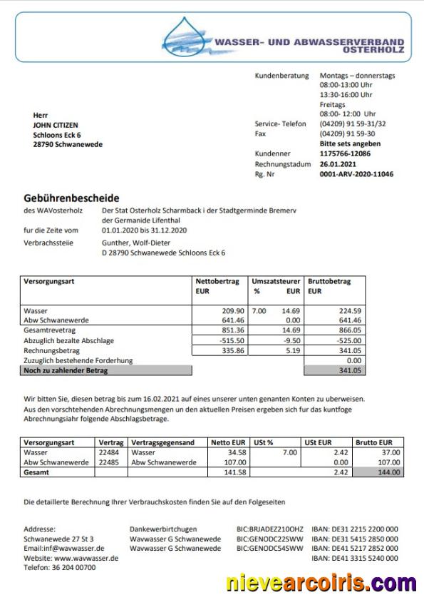 Germany Wavwasser utility bill